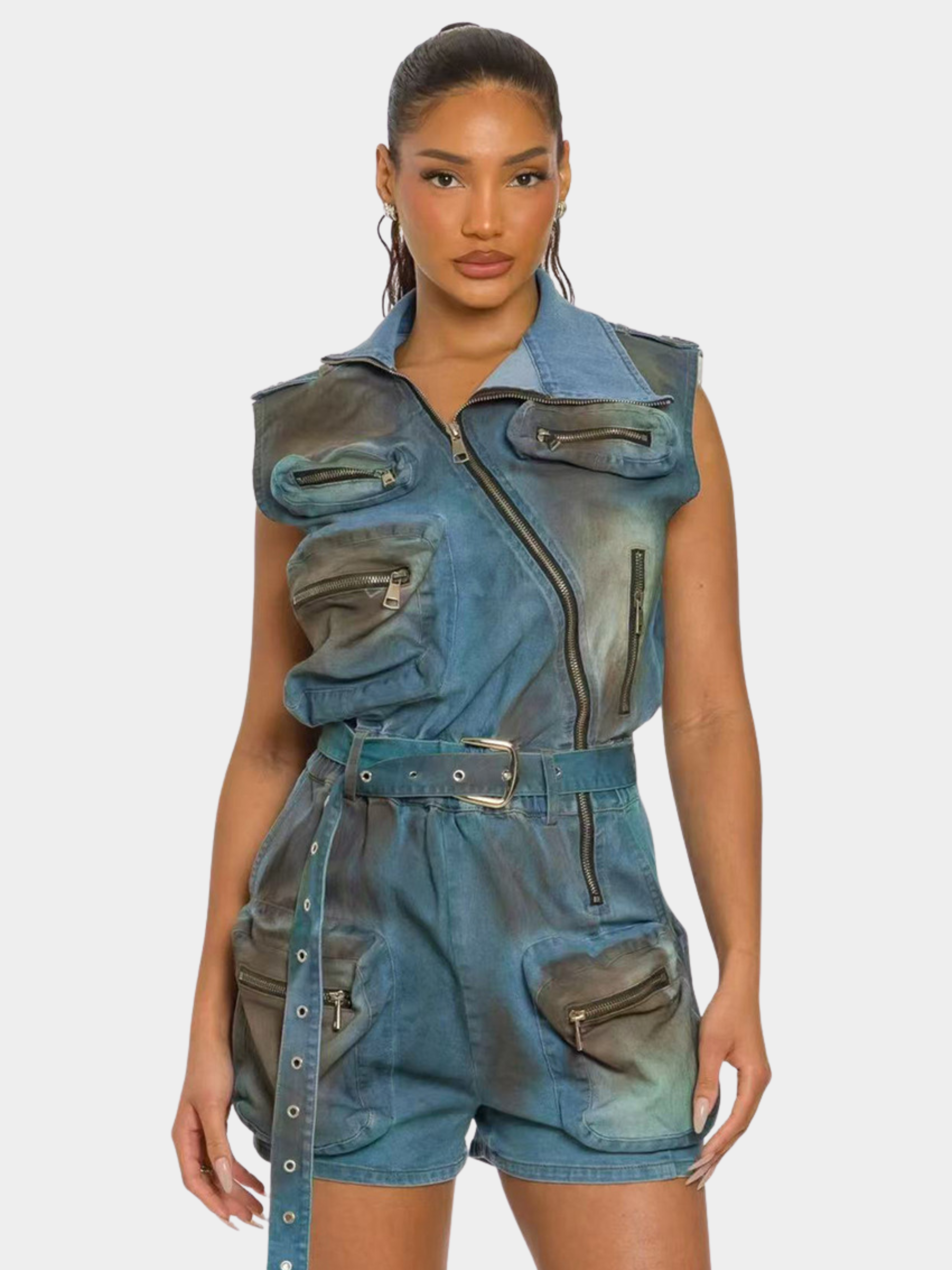 RavenMode - Women‘s Multi-Pocket Washed Sleeveless Jumpsuit with Shorts