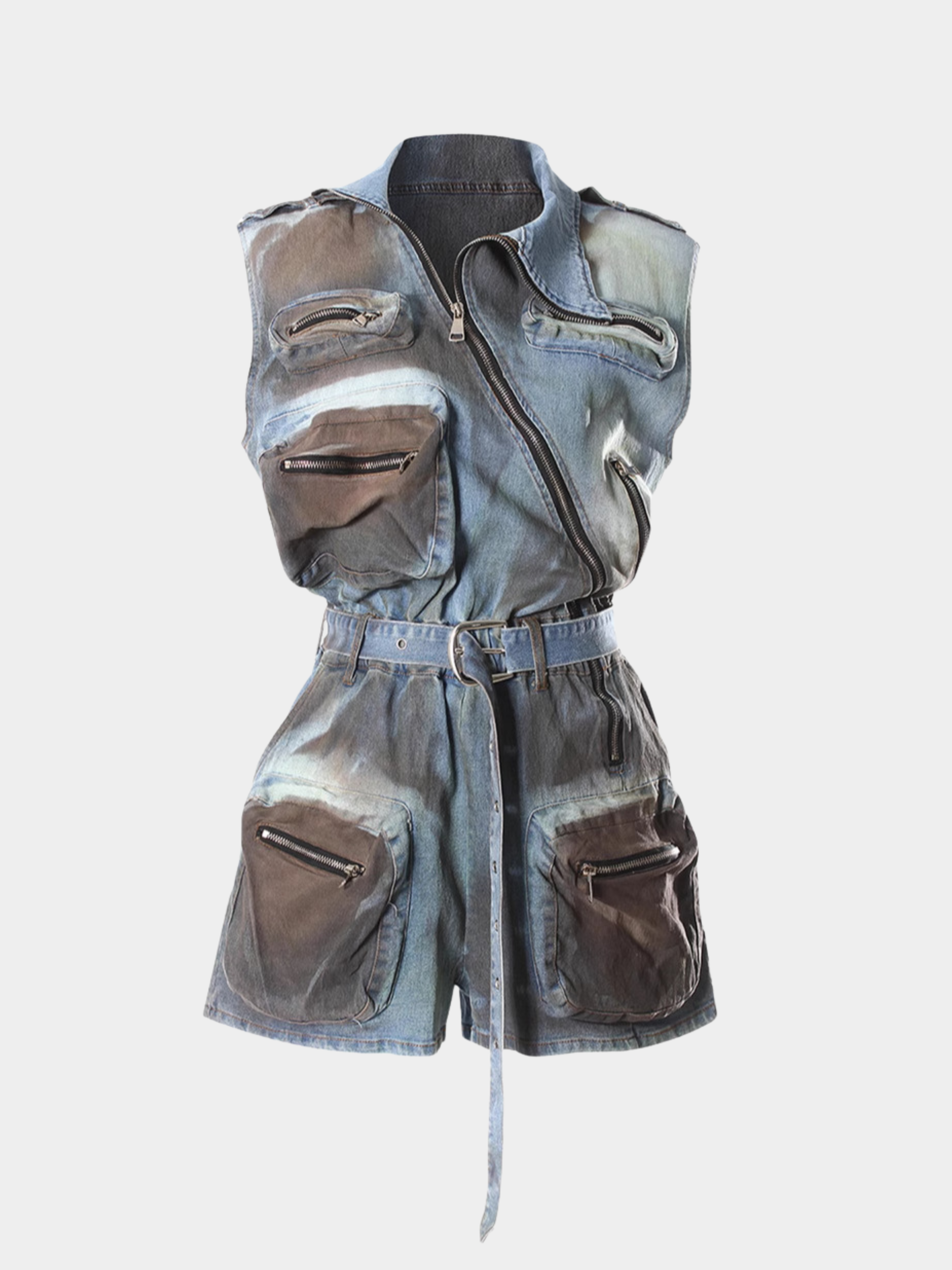 RavenMode - Women‘s Multi-Pocket Washed Sleeveless Jumpsuit with Shorts