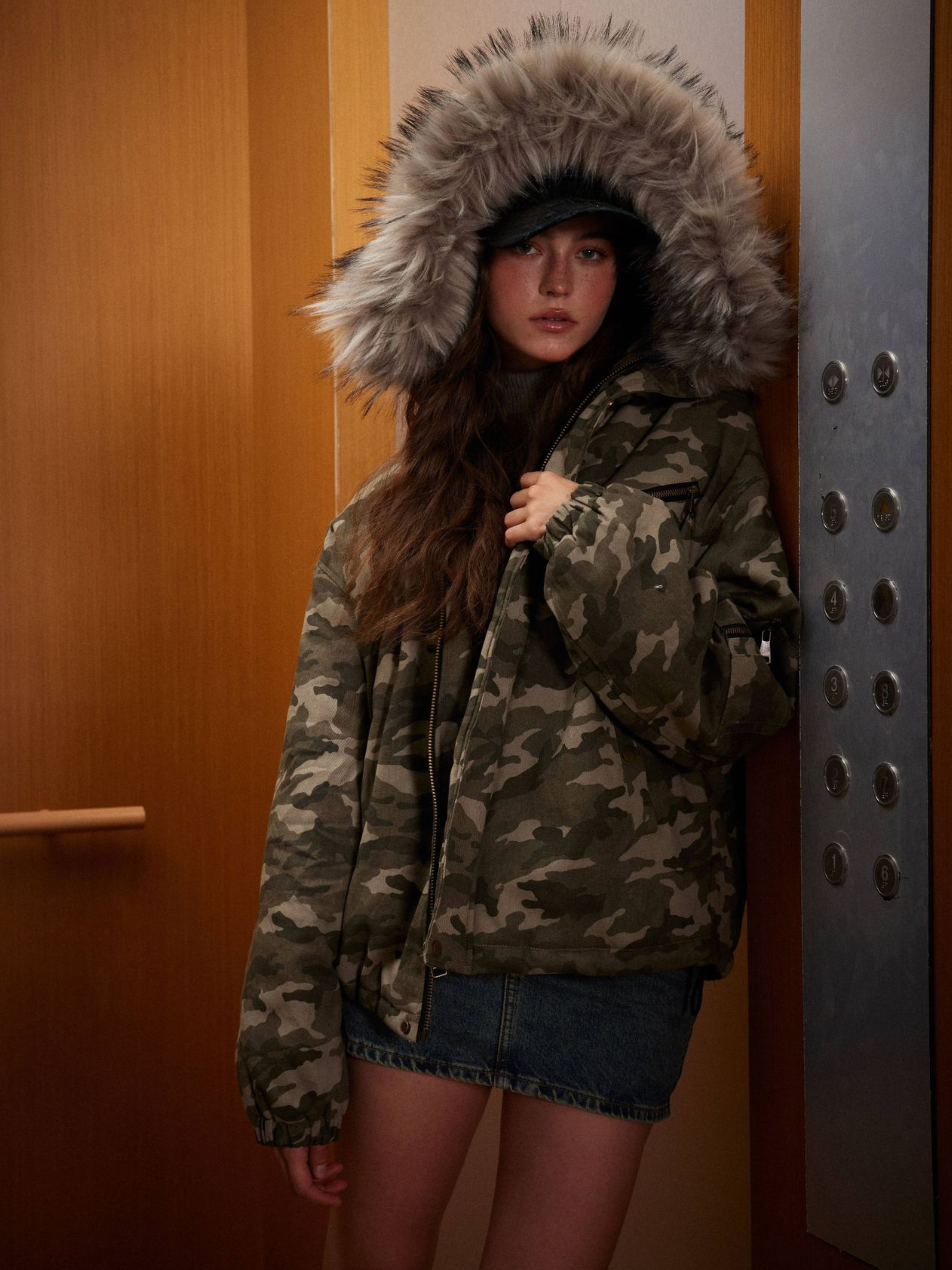 BoulderBase - Women's Camo Fur Collar Cotton Jacket