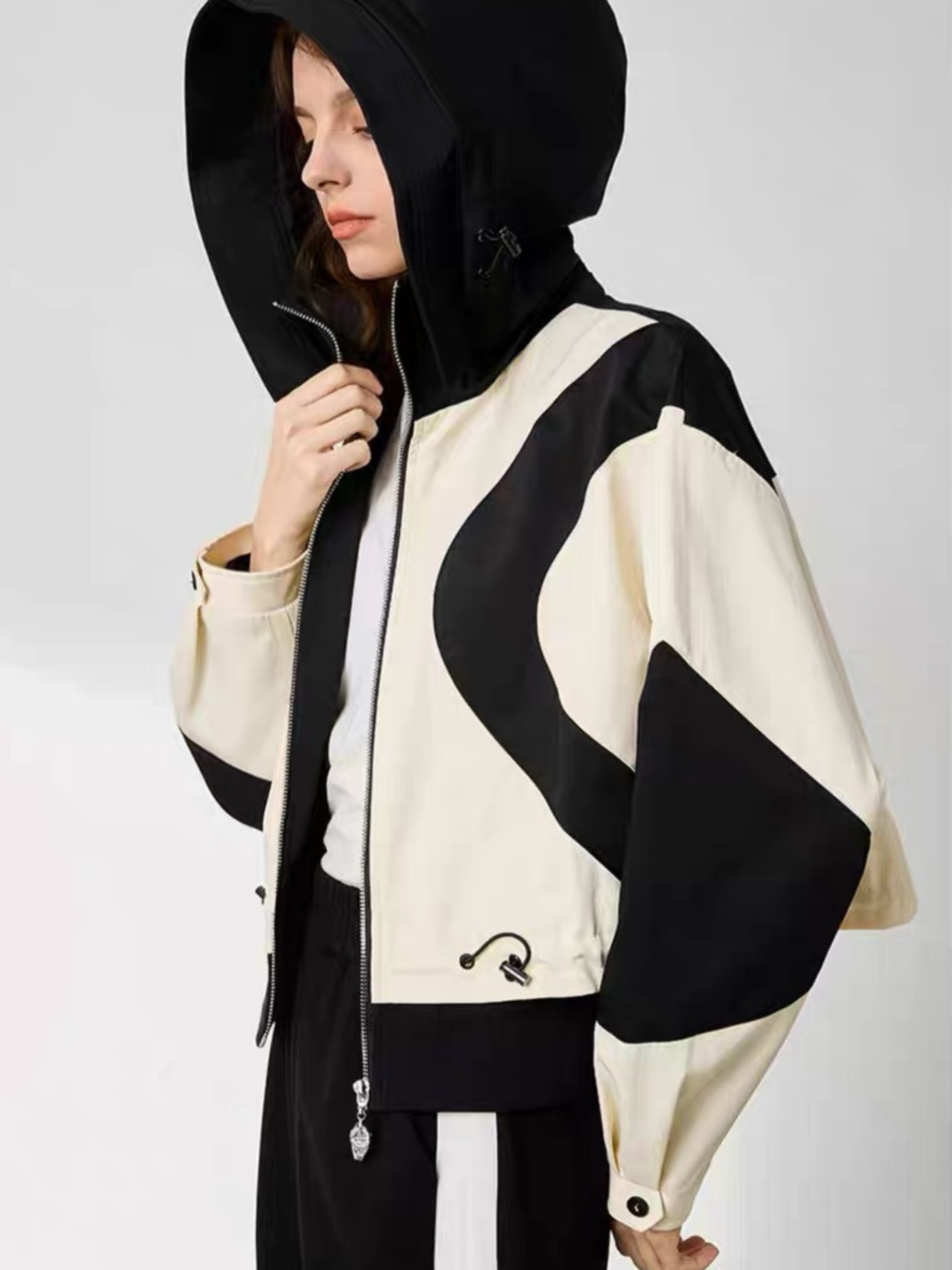 OwlScope - Women's Colorblock Panel Hooded Casual Zip-Up Jacket