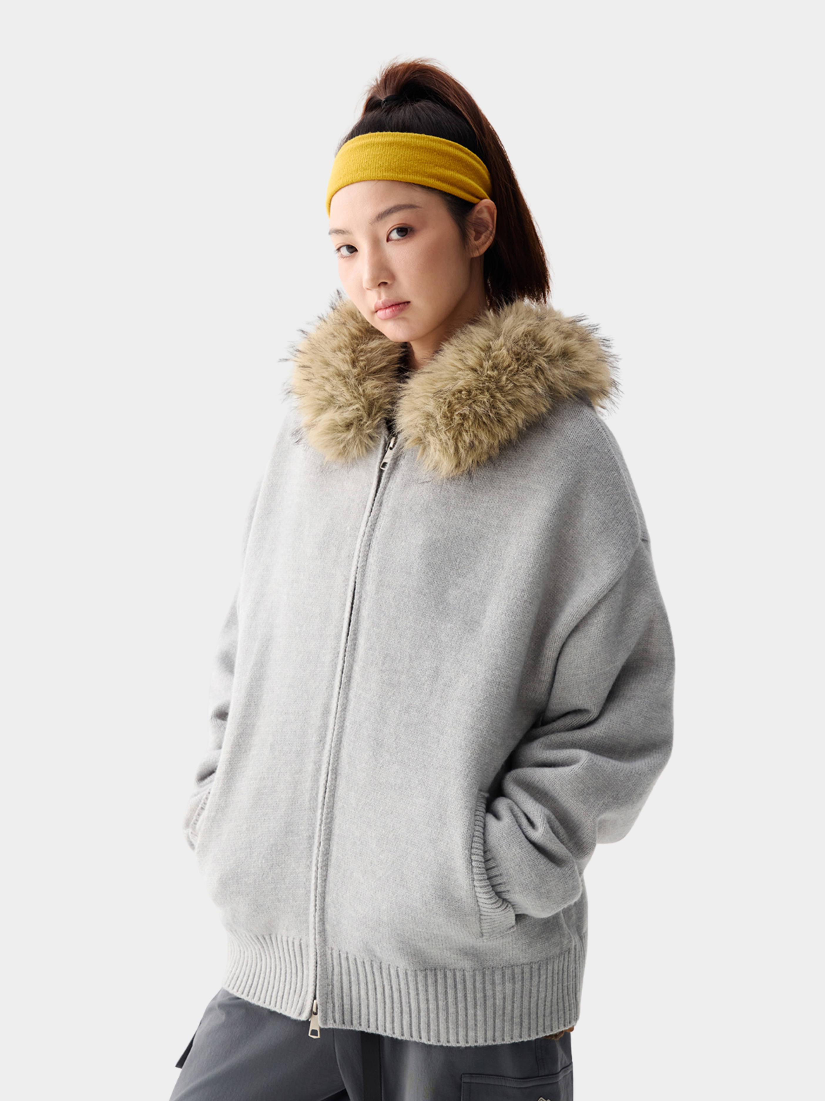 EchoPath - Unisex Solid Color Double Zipper Fur Collar Cardigan Jacket