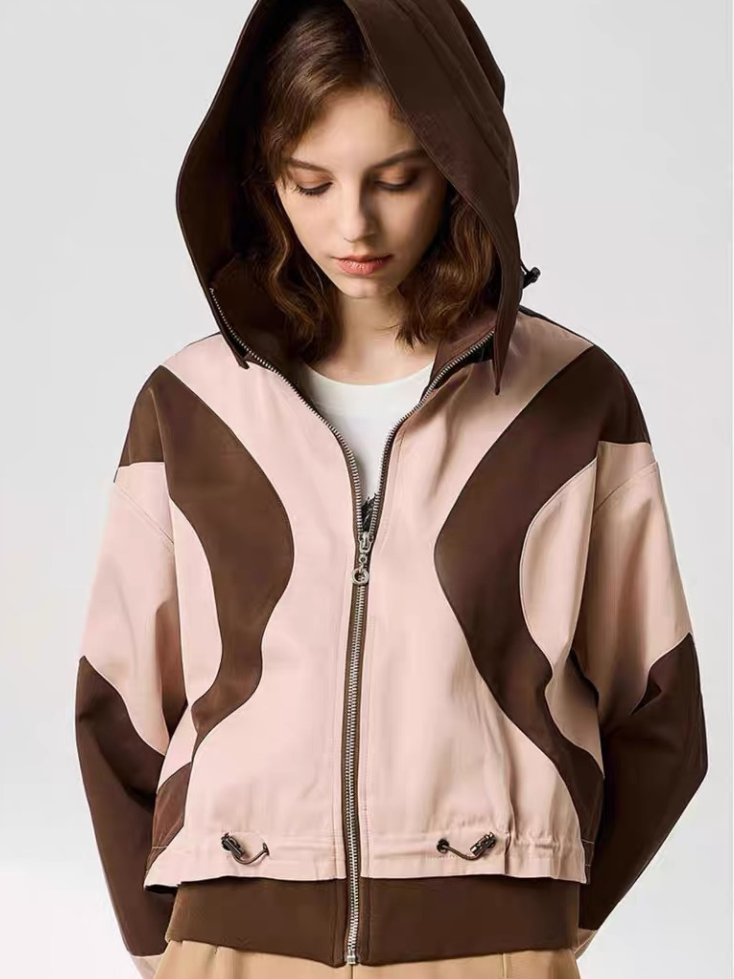 OwlScope - Women's Colorblock Panel Hooded Casual Zip-Up Jacket