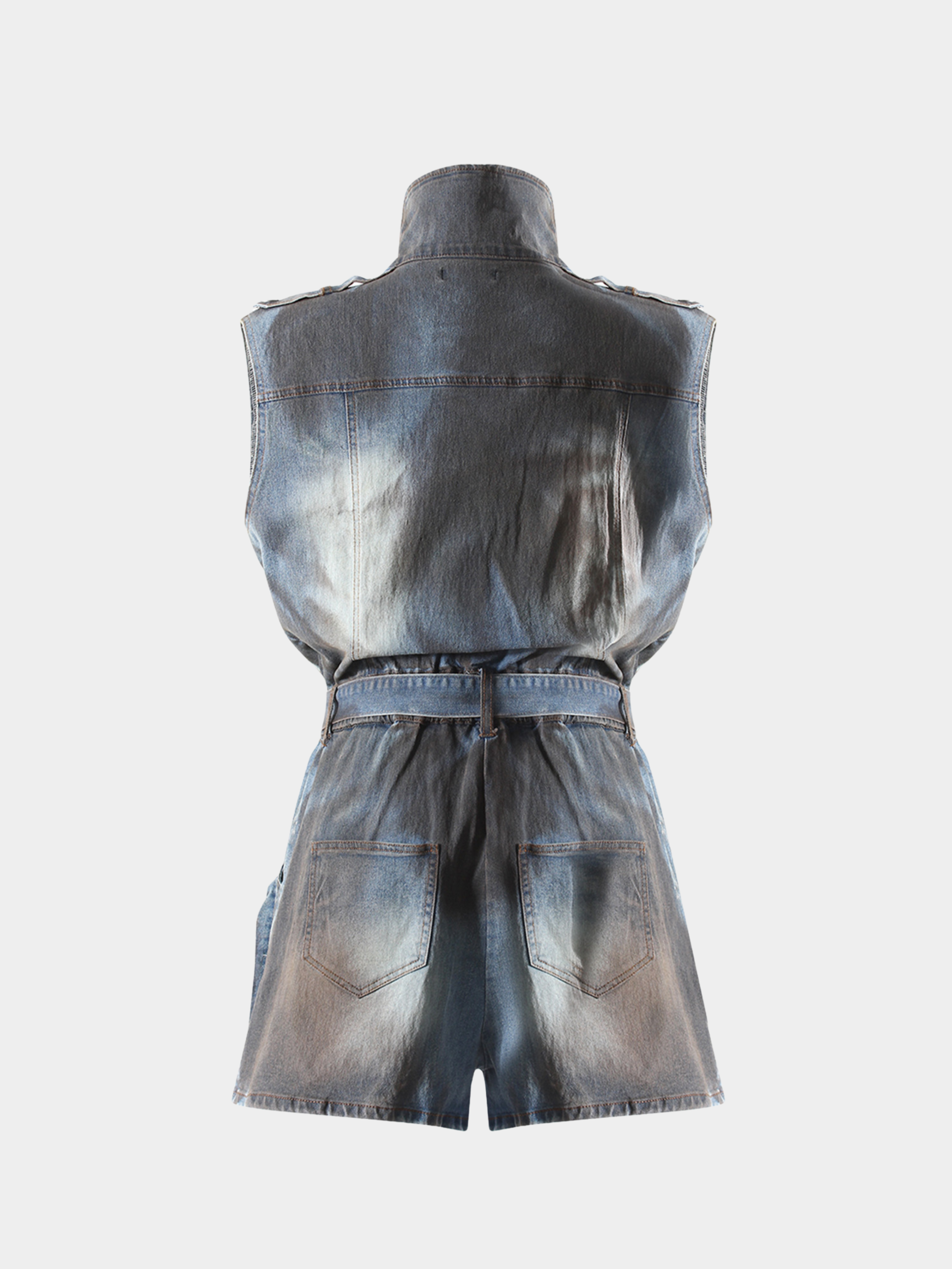 RavenMode - Women‘s Multi-Pocket Washed Sleeveless Jumpsuit with Shorts