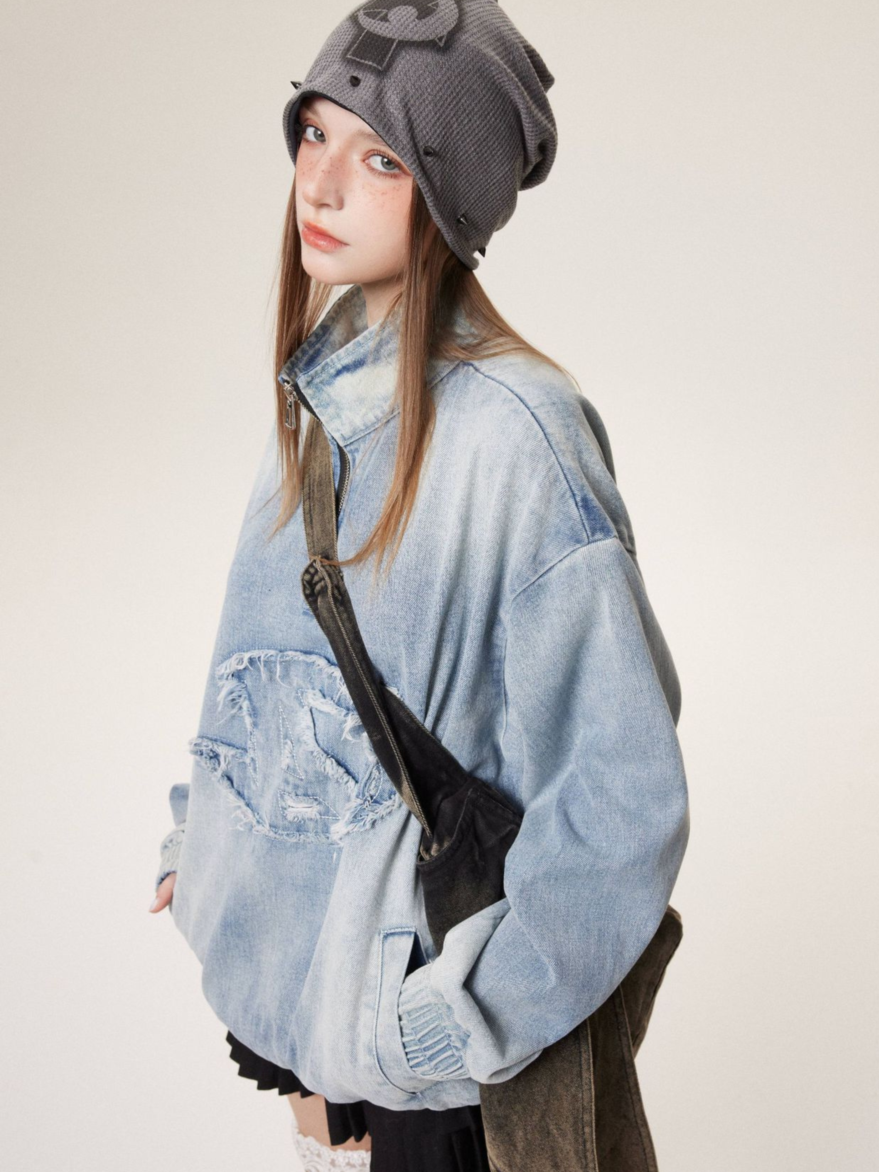 GorgeNest - Unisex Patchwork Half-Zip Denim Pullover Hoodie